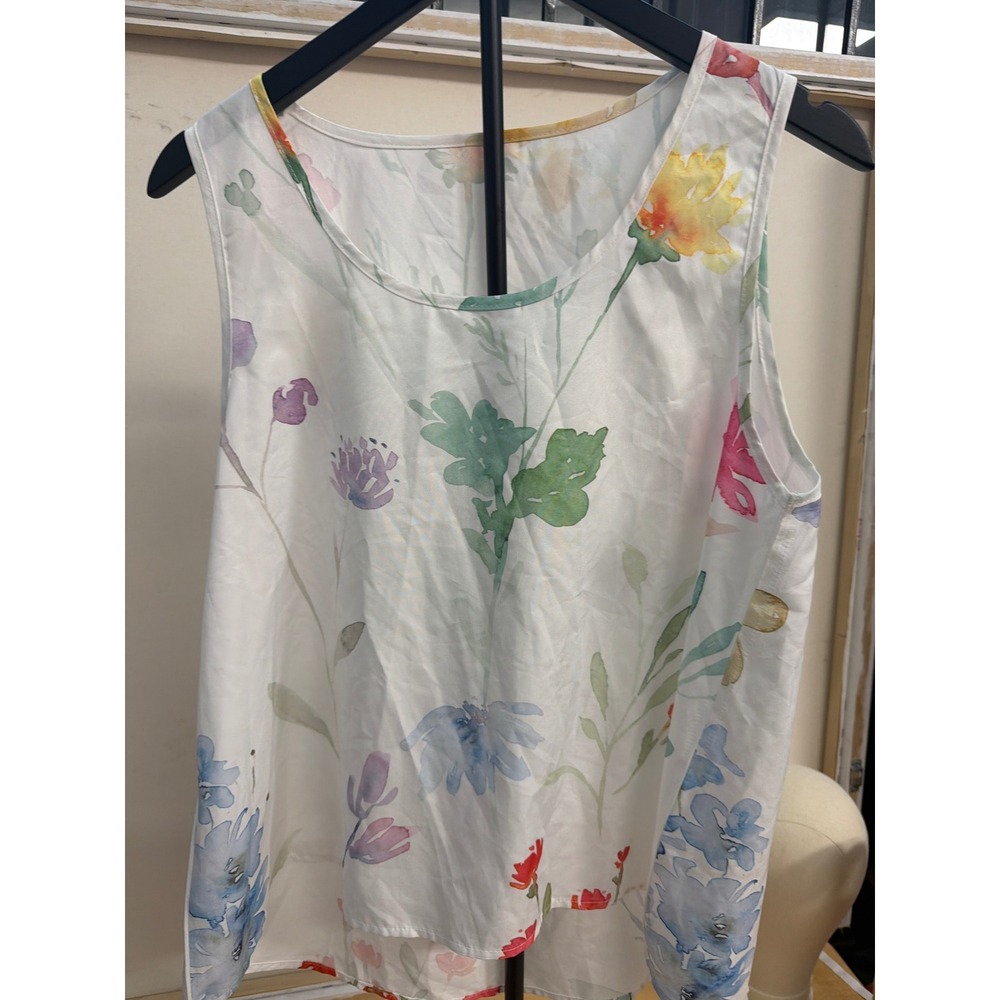 Floral Watercolor Sleeveless High Low Tank Top White Multicolor Large